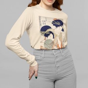 Japanese Courtesans VTG Ukyio-e Print Long Sleeve Graphic Tee T-shirt S M L XL